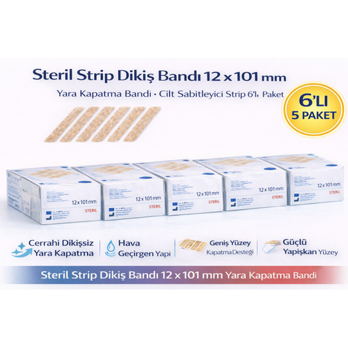 Steril Strip Diki� Band� 12 x 101 mm Yara Kapatma Band� Cilt Sabitleyici Strip 6�l� 5 Paket