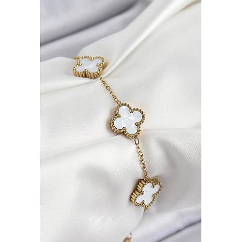 316L �elik Beyaz Sedef Yonca Model Gold Renk Kad�n Bileklik