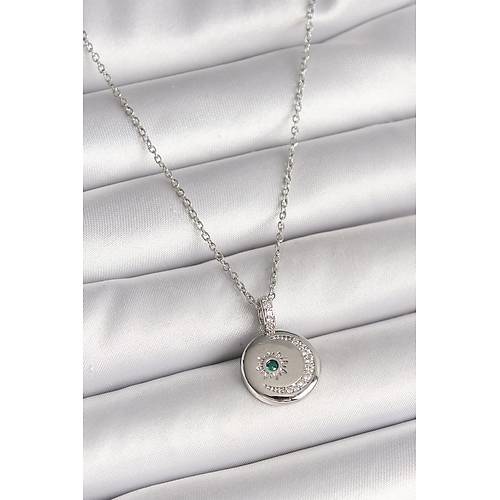 316L �elik G�m�� Renk Zincir Madalyon Zirkon Ta�l� ��lemeli Hilal Y�ld�z Model Kad�n Kolye