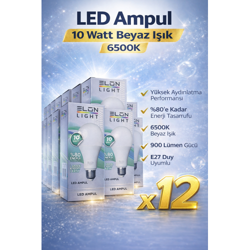 LED Ampul 10 Watt Beyaz I��k 6500K Y�ksek Ayd�nlatma E27 Duy Enerji Tasarruflu 12 Adet