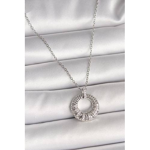 316L �elik G�m�� Renk Zincir Zirkon Ta� ��lemeli Daire Model Kad�n Kolye