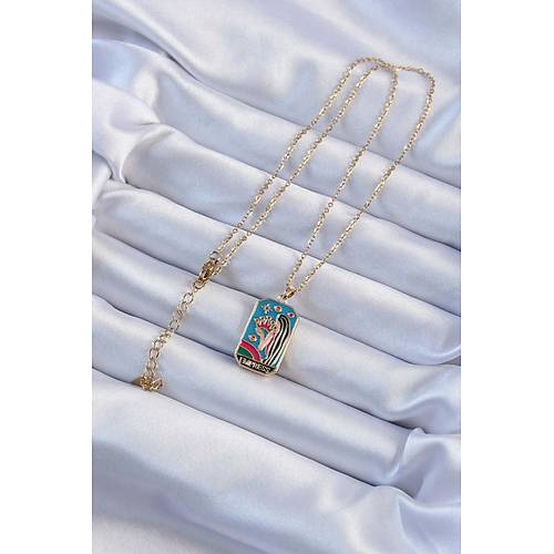 316L �elik Zincir Alt�n Renk Ta� ve K�z Fig�rl� Renkli Mineli Tarot Kolye