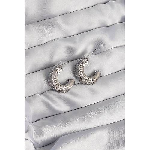 Pirin� G�m�� Renk Zirkon Ta�l� Yar�m Halka K�pe