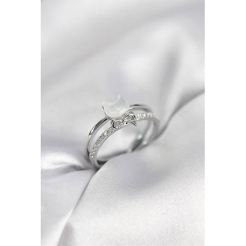 G�m�� Renk Sedefli Kedi Model Fiyonklu Zirkon Ta�l� Kad�n Y�z�k