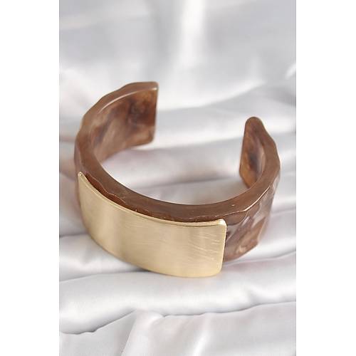 Kahverengi Mermer Desen Akrilik Platik Gold Dikd�rtgen Plaka Model Vintage Kad�n Bilezik