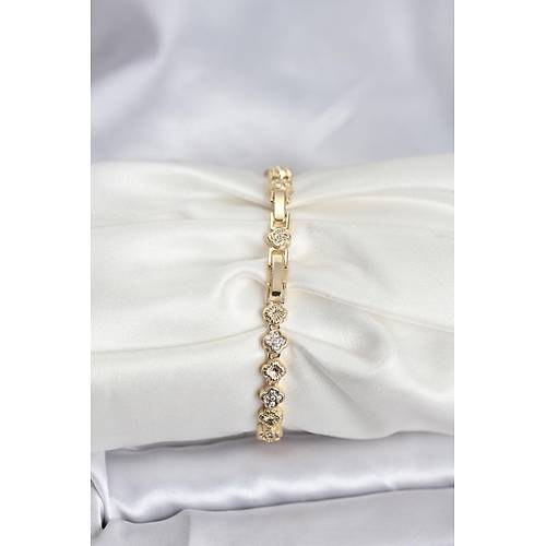 Pirin� Gold Renk VIP Seri S�ral� Yonca Model Zirkon Ta�l� Kad�n Bileklik