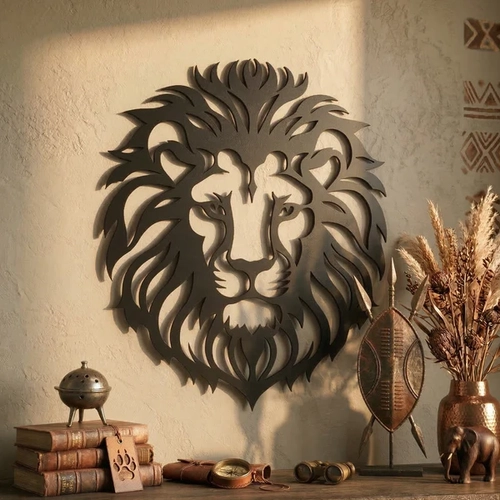 Aslan Ba�� Duvar Tablosu MDF Lazer Kesim Modern Aslan Fig�rl� Duvar S�s� G��l� Dekor