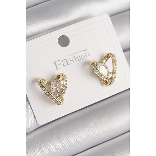 Pirin� Gold Renk Zirkon Ta�l� Kalp Model Kad�n K�pe
