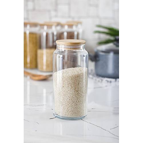 6'l� Bambu Kapakl� Cam Kavanoz & Erzak Saklama Kab� Seti 1.300 ml B�y�k Boy ( Vakum Kapak )