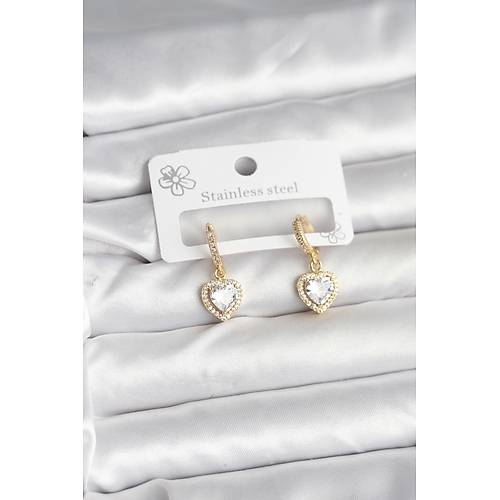 Pirin� Gold Renk Zirkon Ta�l� Kalp Model Kad�n K�pe