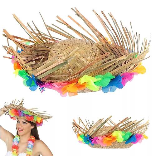 Naturel Renk P�sk�ll� �rme Has�r Hawaii Luau Aloha �apka 13x36 cm