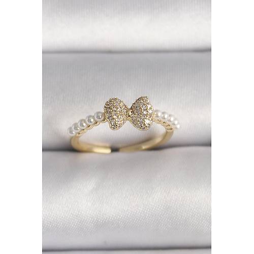 Pirin� Gold Renk Zirkon Ta�l� Fiyonk �nci Detay Ayarlanabilir Y�z�k