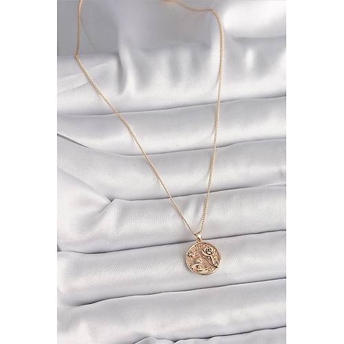 Pirin� Gold Renk Zirkon Ta� Detayl� G�l ��leme Madalyon Model Kad�n Kolye