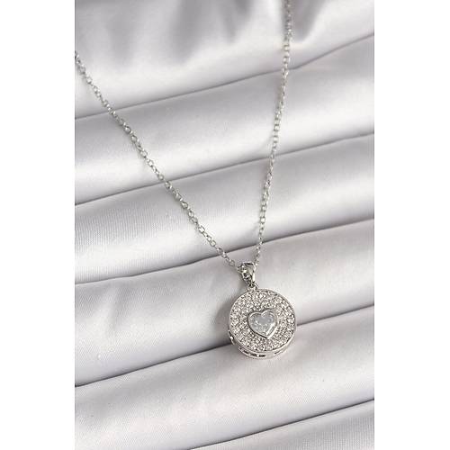 316L �elik G�m�� Renk Zincir Zirkon Ta�l� Kalp ��lemeli Madalyon Model Kad�n Kolye