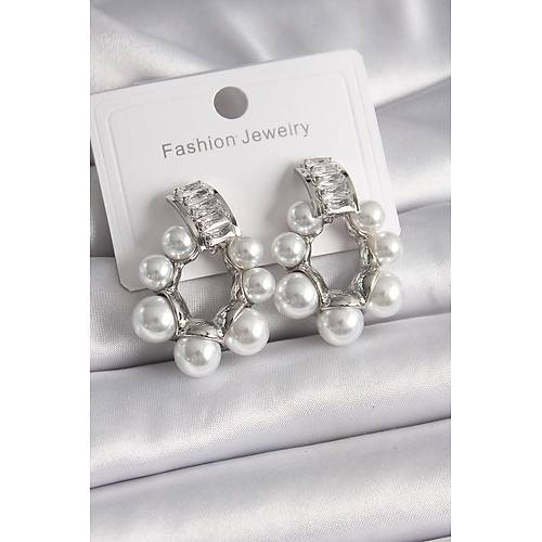 Pirin� G�m�� Renk Su Yolu Zirkon Ta�l� �ncili Halka Model Kad�n K�pe