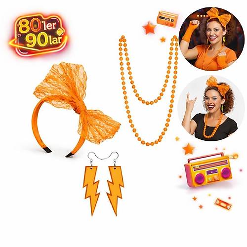 80�ler 90�lar Neon Turuncu Parti Seti � Kolye K�pe Ta�