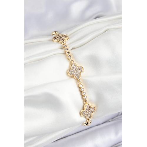 Pirin� Zirkon Ta�l� Yonca Model Gold Renk Kad�n Bileklik