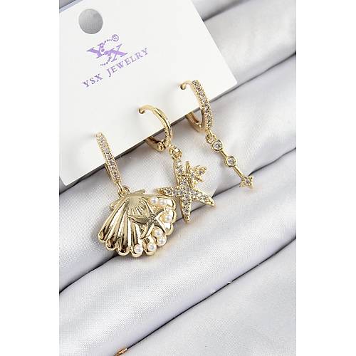 Pirin� Zirkon Ta�l� 3'l� �stiridye Ve Y�ld�z Model Gold Renk Kad�n K�pe