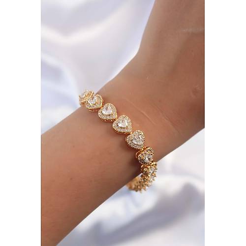 Pirin� Vip Seri Gold Renk Zirkon Ta�l� Kalp Model Bileklik