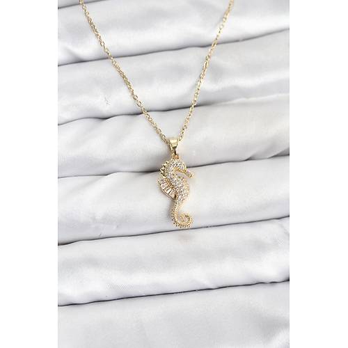 316L �elik Zincir Gold Renk Deniz At� Model Zirkon Ta�l� Kad�n Kolye