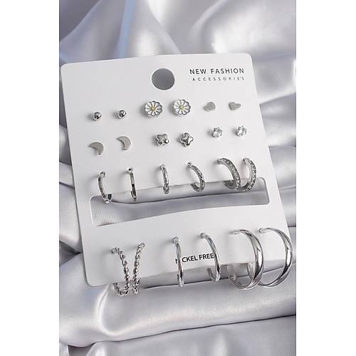 Pirin� G�m�� Renk Papatya Detayl� 12 �ift Kad�n K�pe Seti