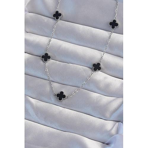 316L �elik G�m�� Renk Minimal Siyah Mineli Yonca Kolye