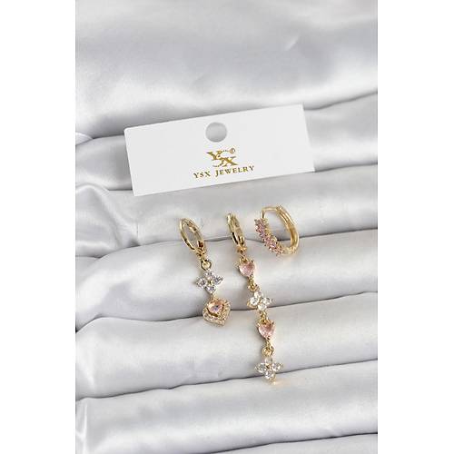 Pirin� Gold Renk Pembe Zirkon Ta�l� 3'l� Kad�n K�pe