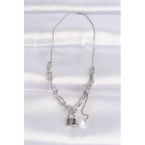 316L �elik Zincir G�m�� Renk Zincirli Love Yaz�l� Kilit Kolye