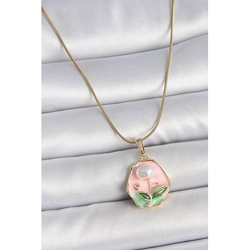 316L �elik Gold Renk Zincir Pembe �i�ek ��lemeli �nci Detay Portre Model Kad�n Kolye