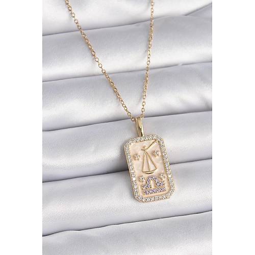 316L �elik Gold Renk Zincir Terazi Burcu Zirkon Ta�l� Kad�n Kolye