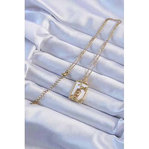 316L �elik Zincir Alt�n Renk Beyaz Mineli Tarot Kolye