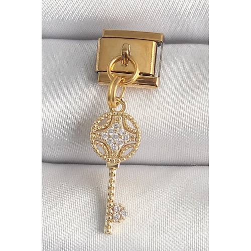 316L �elik Gold Renk Sallant� Zirkon Ta�l� Anahtar Model Nomination Charm