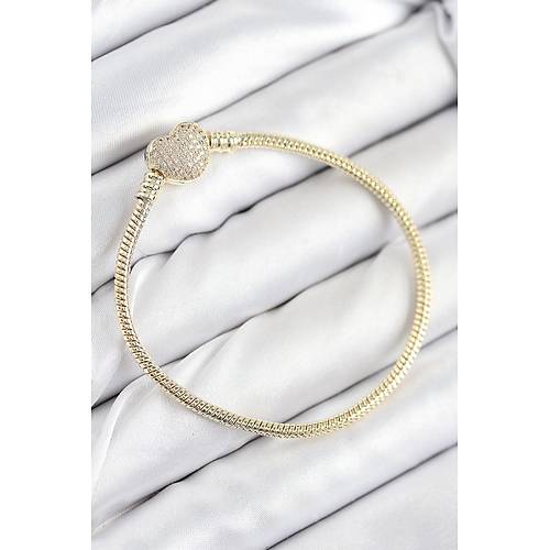 Pirin� Charm Zirkon Ta�l� Kalp Model Gold Renk Kad�n Bileklik