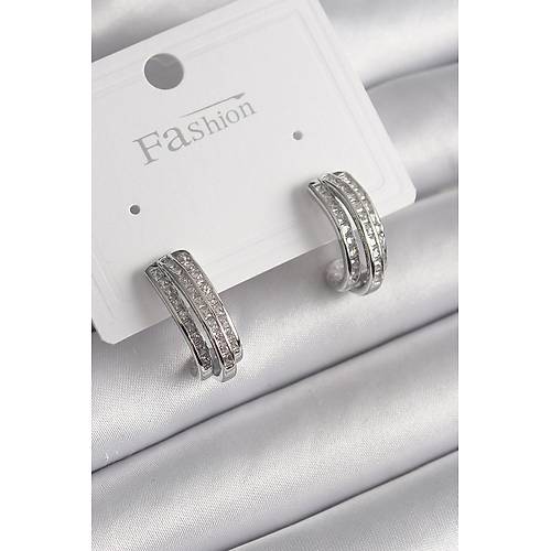 Pirin� G�m�� Renk Zirkon Ta�l� Yar�m Halka Model Kad�n K�pe