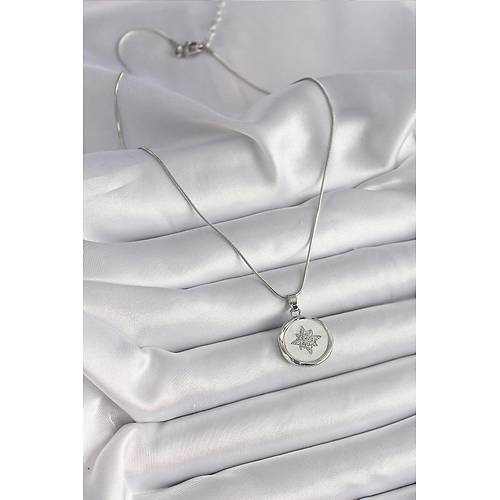 316L �elik G�m�� Renk Zincir Beyaz Sedefli Zirkon Ta�l� Y�ld�z ��leme Model Kad�n Kolye