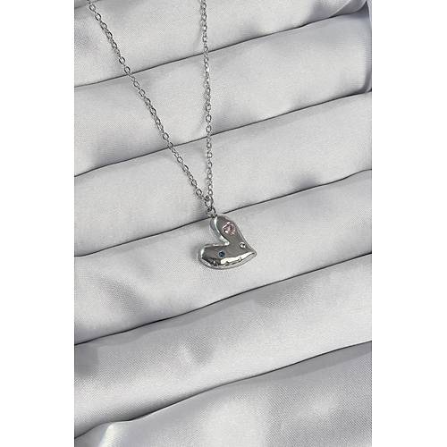 316L �elik Zincir G�m�� Renk Renkli Zirkon Ta�l� Kalp Kolye