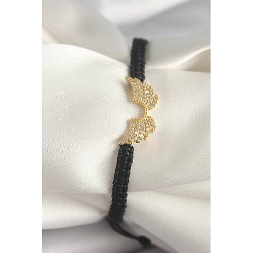 Pirin� Gold Renk Zirkon Ta�l� Kanat Fig�r Asans�rl� Makrome Model Kad�n Bileklik