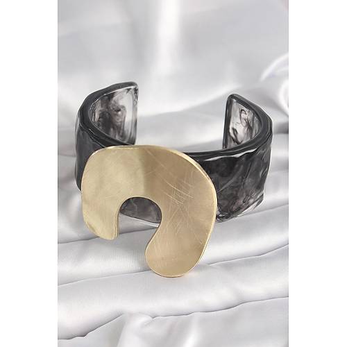 Siyah Mermer Desen Akrilik Plastik Gold Nal Model Plaka Vintage Kad�n Bilezik
