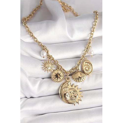 316L �elik Gold Renk Ay G�ne� Fig�r Deniz Kabu�u Detay Kad�n Kolye