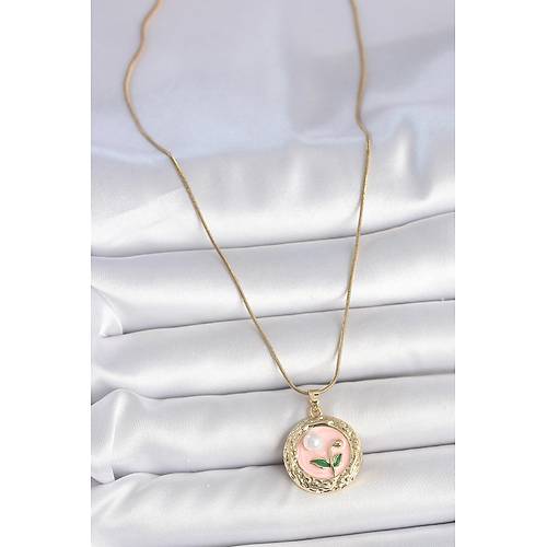316L �elik Gold Renk Zincir Pembe �i�ek ��lemeli inci Detay Portre Model Kad�n Kolye