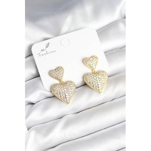 Kalp Model Zirkon Ta�l� Gold Renk Pirin� Kad�n K�pe