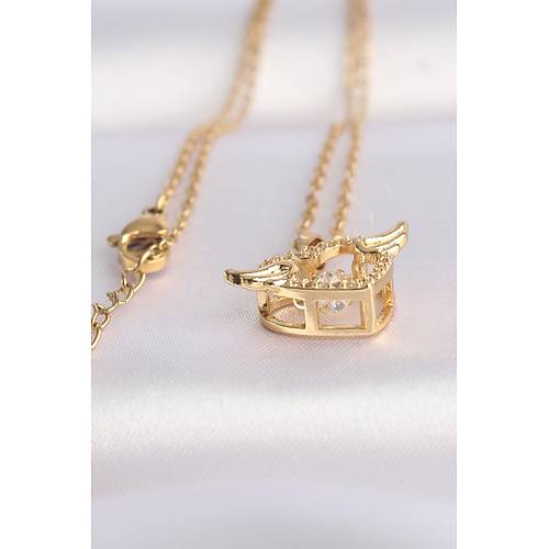 316L �elik Zincir Alt�n Renk Zirkon Ta�l� Kanatl� Kalp Kolye