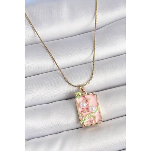 316L �elik Gold Renk Zincir Pembe Mineli �ncli �i�ek ��lemeli Portre Model Kad�n Kolye