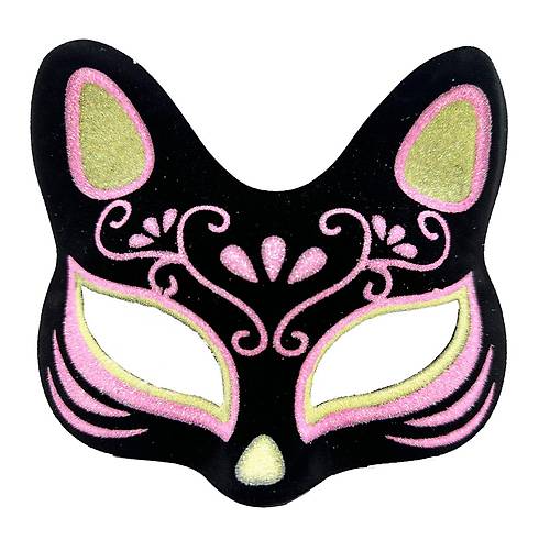 Siyah Renk S�et Kaplama �zeri Sar� Pembe Simli Kedi Maskesi 17x14 cm