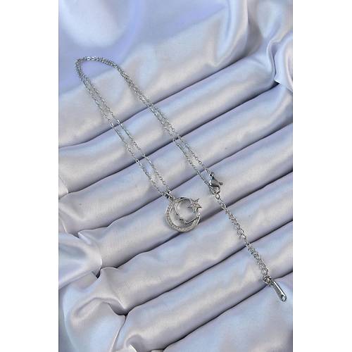 316L �elik Zincir G�m�� Renk Zirkon Ta�l� Ay Y�ld�z Simgeli Atat�rk Kolye