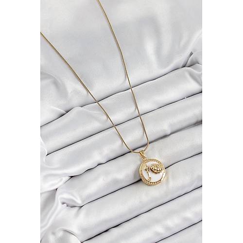 316L �elik Zincir Beyaz Mineli Sanatsal Portre �stiridye Model Gold Renk Kad�n Kolye