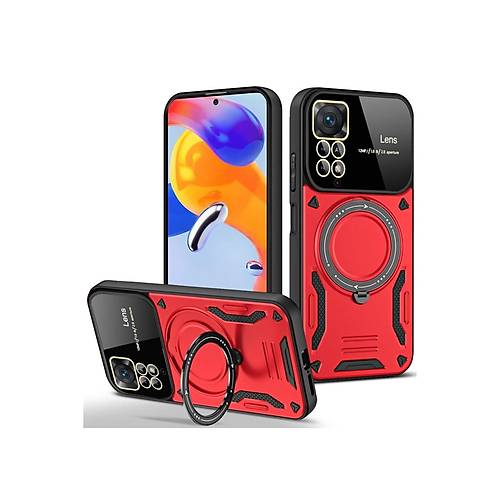 Redmi Note 11 Pro K�l�f Joy Lens Standl� Kapak - K�rm�z�