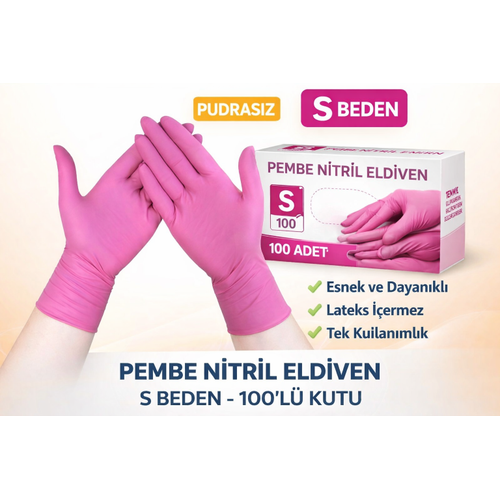 Pembe Nitril Eldiven S Beden Pudras�z 100�l� 1 Kutu Tek Kullan�ml�k Dayan�kl� Muayene Eldiveni