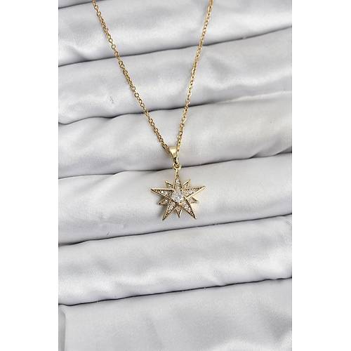 316L �elik Zincir Gold Renk Y�ld�z Model Zirkon Ta�l� Kad�n Kolye