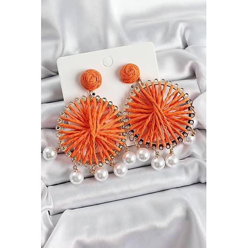 Turuncu Has�r �rg� Sarmal Model Sallant�l� �nci Detayl� Gold Renk Kad�n K�pe